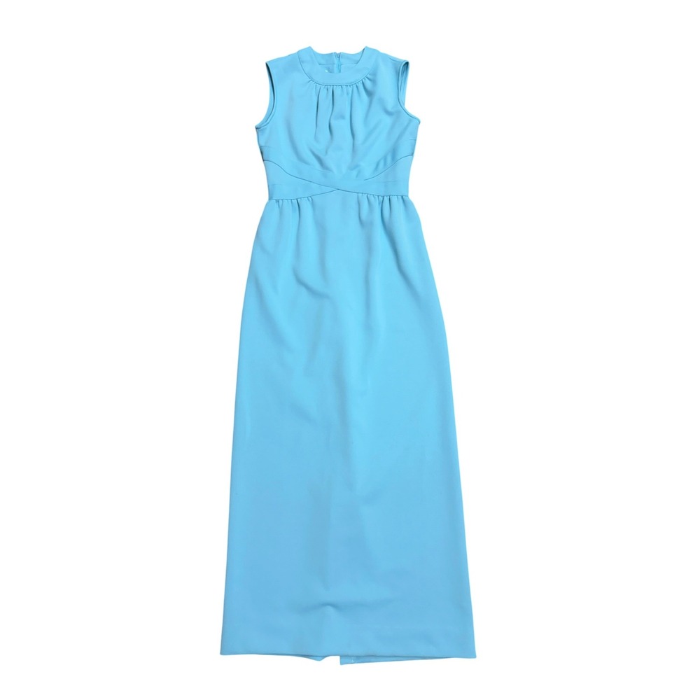 Vintage Leslie Fay Knits Sky Blue Sleeveless Mock Neck Maxi Dress Retro 60s 70s